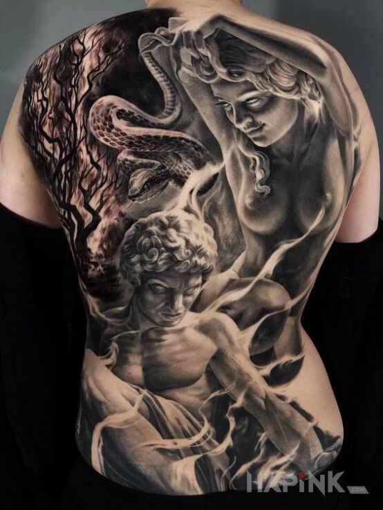 Tattoo Adam i Ewa in faces motif on the back