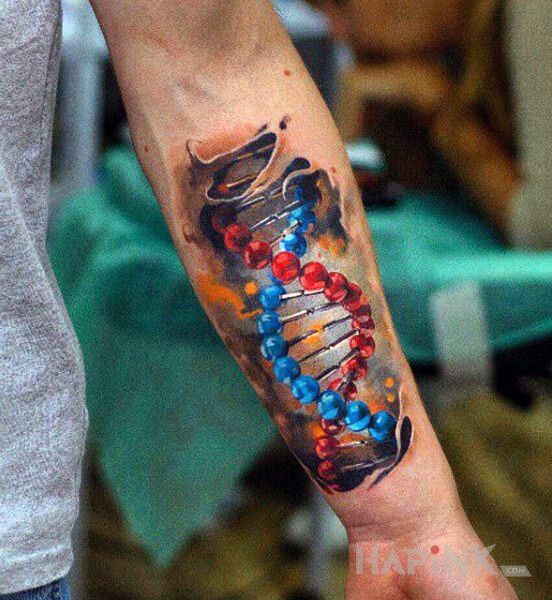 Tattoo DNA in colorful motif on the forearm