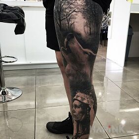 Tattoo The Indian and the wolf on the leg motif: sleeves style: realistic