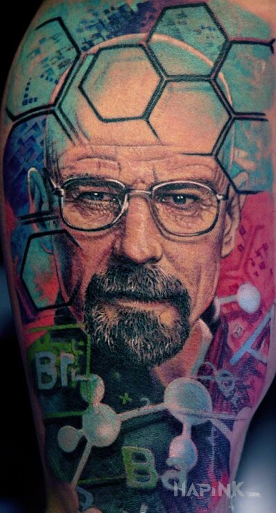 Tattoo Walter White in characters motif and realistic style on the leg