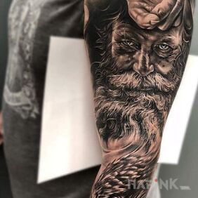 Tattoo Grandpa and eagle on the upper arm motif: 3D style: realistic