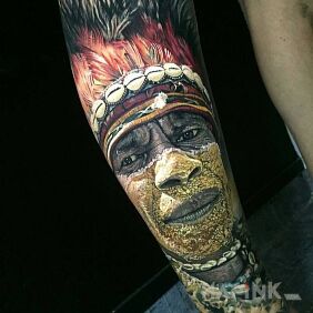Tattoo Tribal face on the leg motif: 3D style: realistic