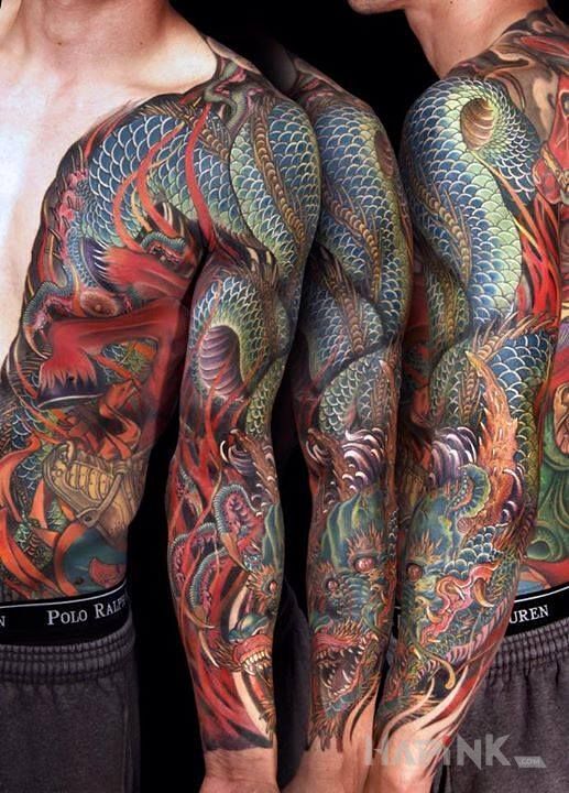 Tattoo Japoński smok in sleeves motif and japanese / irezumi style on the chest