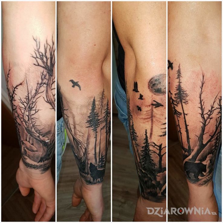 Tatuaż leśna kraina w motywie zwierzęta na przedramieniu