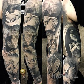 Tattoo Klasyka horroru in faces motif and realistic style on the forearm
