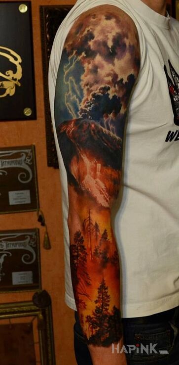 Tattoo Kataklizm in colorful motif and realistic style on the forearm