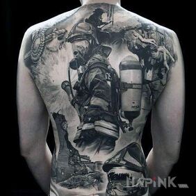 Tattoo Firefighter on the back motif: 3D style: realistic