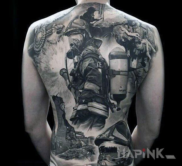 Tattoo Strażak in characters motif and realistic style on the back