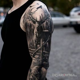 Tatuaż Jeleń i dzik na ramieniu motyw: zwierzęta styl: realistyczne