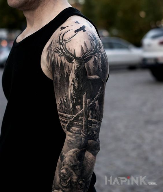 Tattoo Jeleń i dzik in animals motif and realistic style on the upper arm