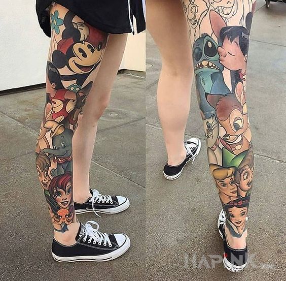 Tattoo Bajki in sleeves motif on the calf