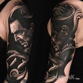 Tattoo Lord dracula on the upper arm motif: characters style: realistic