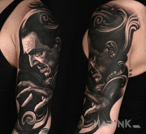 Tattoo Lord dracula in 3D motif and realistic style on the upper arm