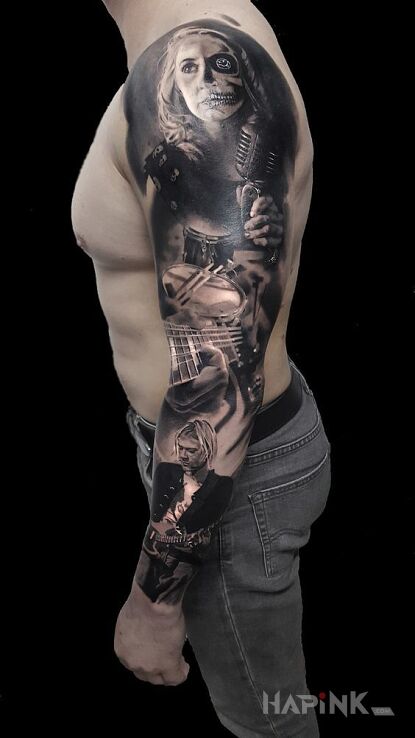 Tattoo Muzyczka in characters motif and realistic style on the upper arm