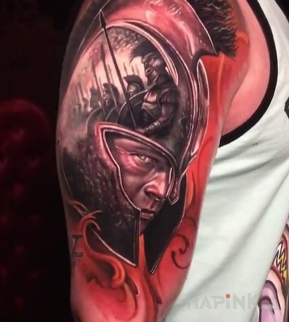 Tattoo Achilles in characters motif and realistic style on the upper arm