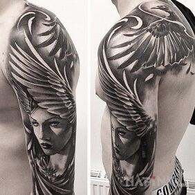 Tattoo Winged head on the shoulder blades motif: 3D style: realistic
