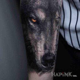 Tattoo Muzzle of the wolf on the forearm motif: 3D style: realistic