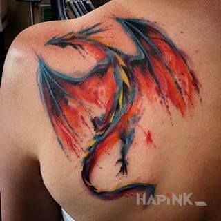 Tattoo Smoczek in dragons motif and Watercolor style on the shoulder blades