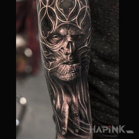 Tattoo Demonic figure on the forearm motif: 3D style: realistic