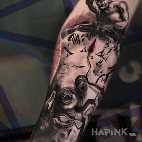 Tattoo Clock on the forearm motif: demons