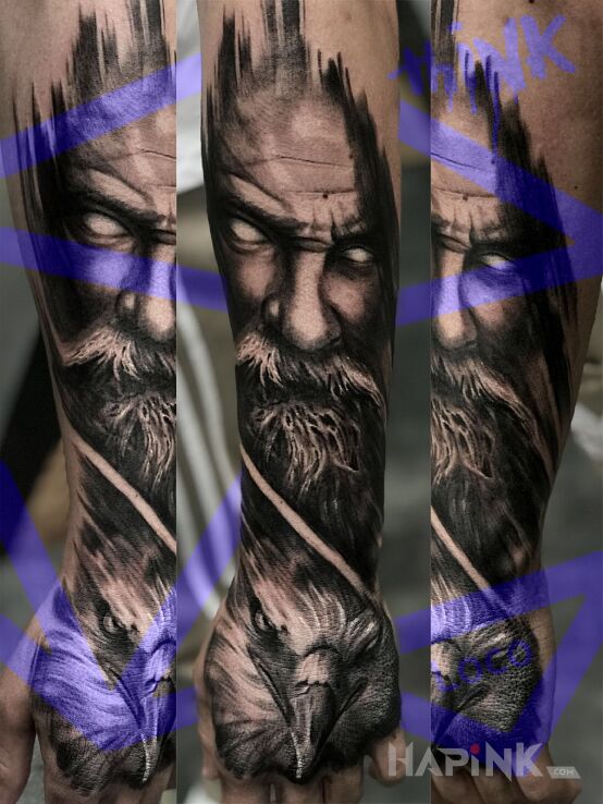 Tattoo Portret in faces motif on the forearm