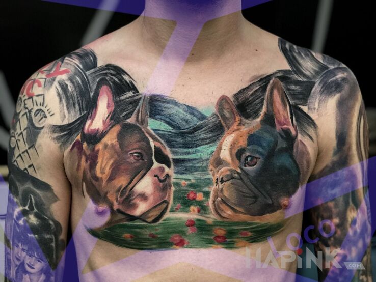 Tattoo Buldogi in animals motif and realistic style on the chest