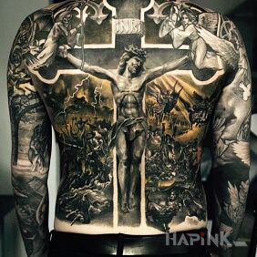 Tattoo On the cross on the back motif: colorful style: realistic