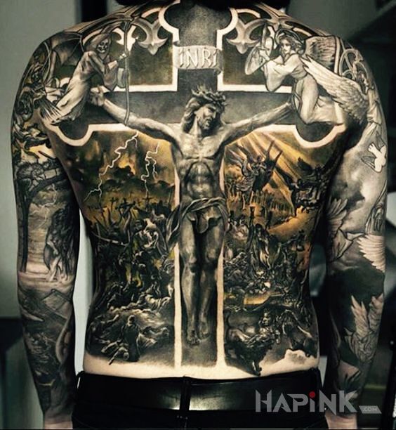 Tattoo Na krzyżu in religious motif and realistic style on the back