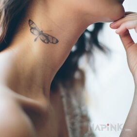 Tattoo Dragonfly on the neck motif: butterflies style: realistic