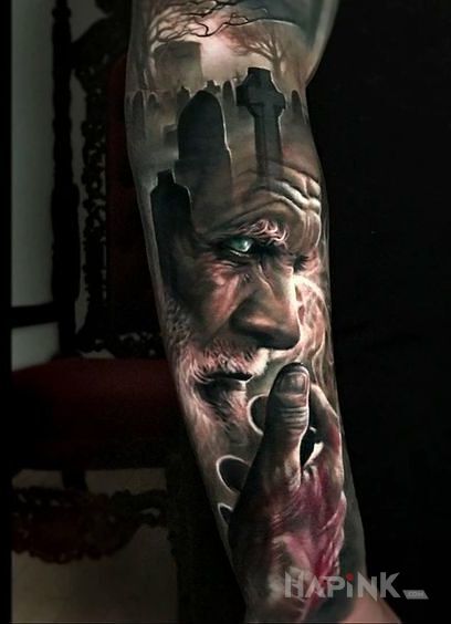 Tattoo Myślenie o śmierci in 3D motif and realistic style on the forearm