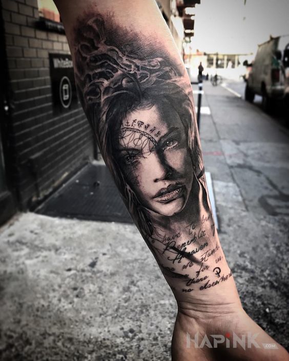 Tattoo Portrecik in 3D motif and realistic style on the forearm