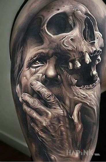Tattoo Śmierć in skulls motif and realistic style on the upper arm