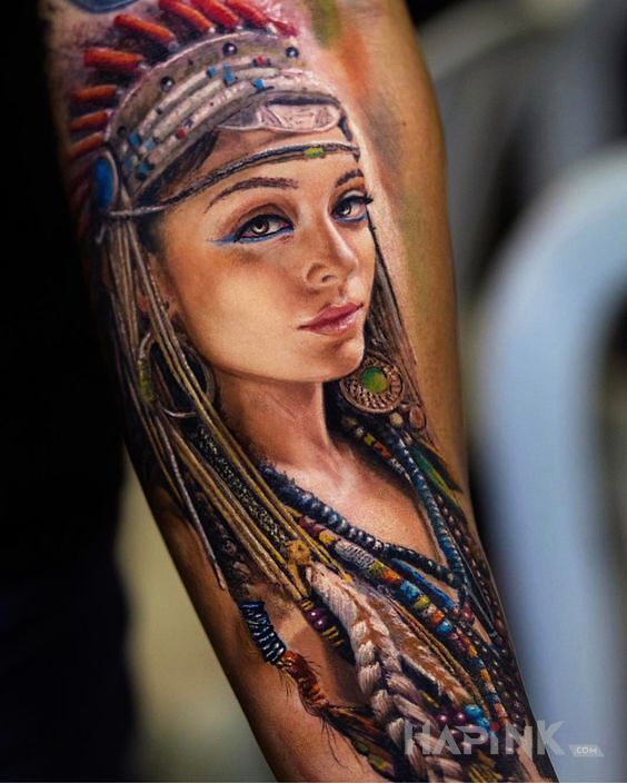 Tattoo Śliczna Indianka in faces motif and realistic style on the forearm