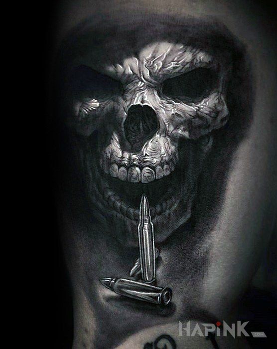 Tattoo Kostucha in skulls motif and realistic style on the upper arm