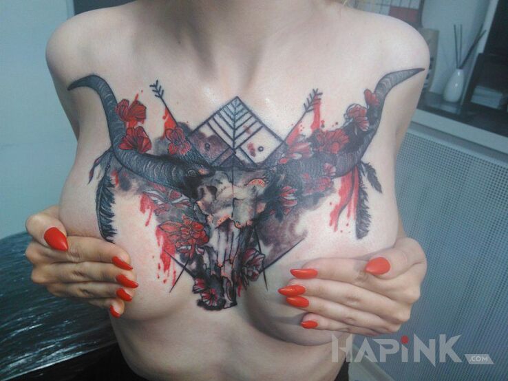 Tattoo Bycza czaszka trash polka in colorful motif and trash polka style on the breast
