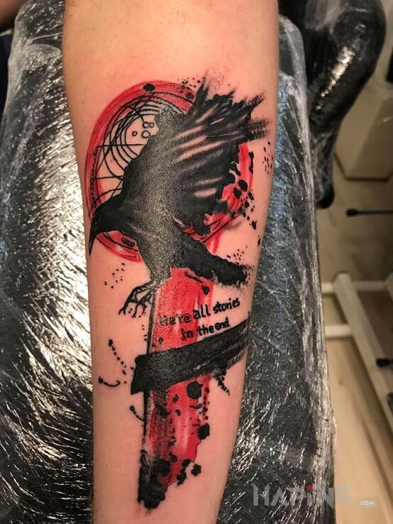 Tattoo Kruk trash polka in lettering motif and trash polka style on the forearm