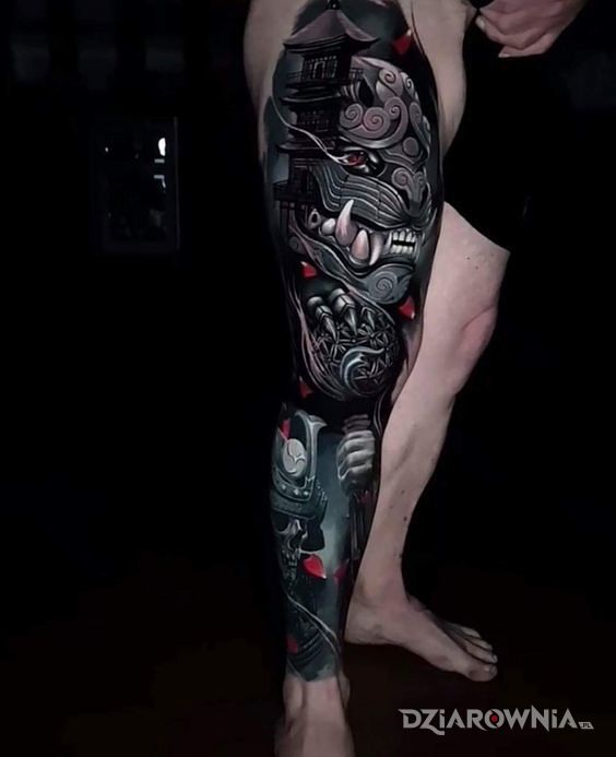 Tatuaż styl japoński w motywie 3D i stylu japońskie / irezumi na łydce