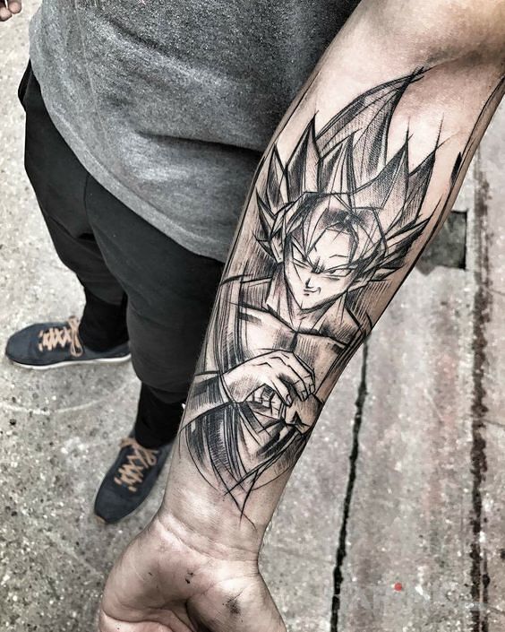 Tattoo Son Goku in characters motif on the forearm