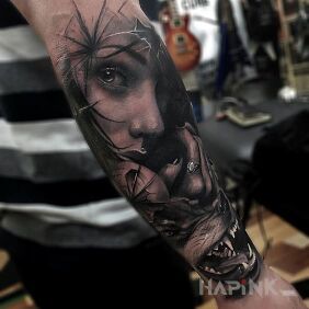 Tattoo The girl and the wolf on the forearm motif: 3D style: realistic