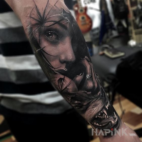 Tattoo Dziewczyna i wilk in 3D motif and realistic style on the forearm
