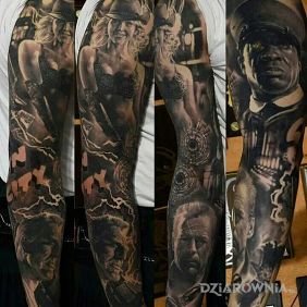 Tatuaż Sin City na przedramieniu motyw: twarze styl: realistyczne