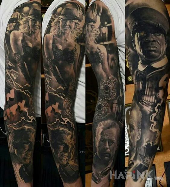 Tattoo Sin City in faces motif and realistic style on the forearm
