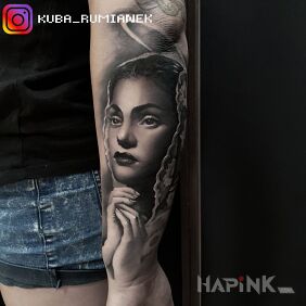 Tattoo Mary on the forearm motif: faces style: realistic