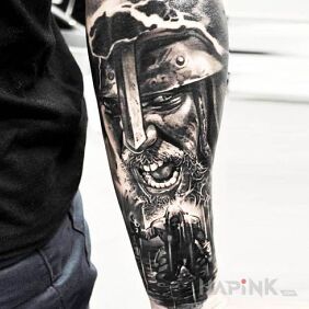 Tattoo The Middle Ages on the forearm motif: faces style: realistic
