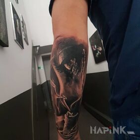 Tattoo #TATTOO on the forearm motif: faces style: realistic