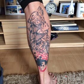 Tattoo Trash Polka calf woman wolf tree on the calf motif: animals style: trash polka