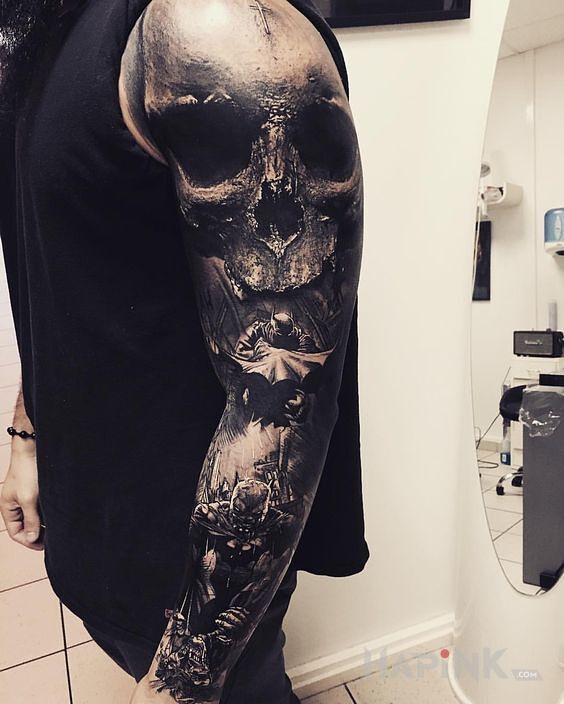 Tattoo Czacha - rękaw in 3D motif and realistic style on the forearm
