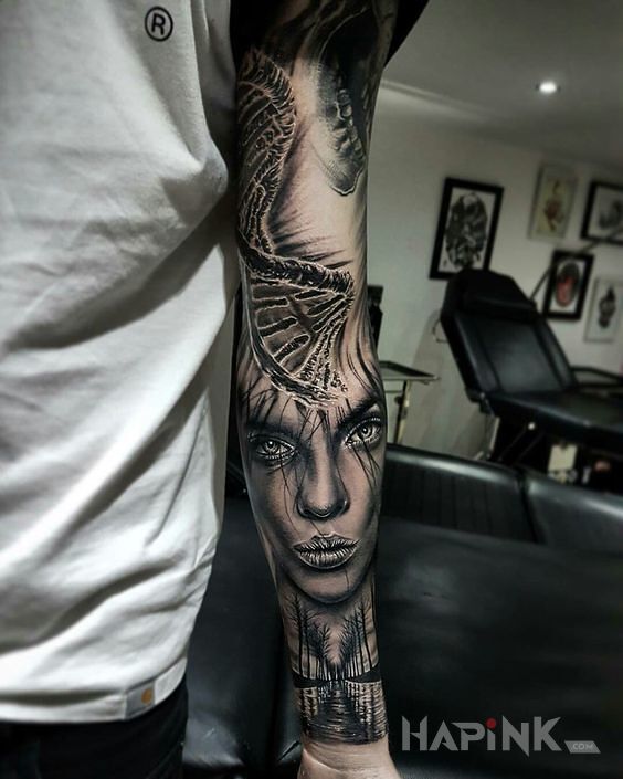 Tattoo Nic DNA in 3D motif and realistic style on the forearm