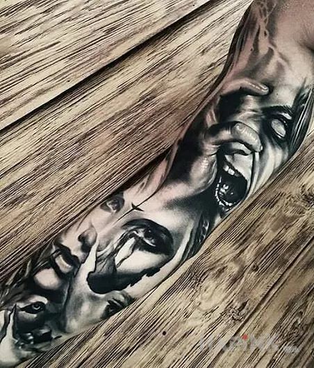 Tattoo Szalenstwo in sleeves motif and realistic style on the forearm