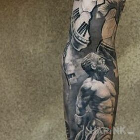 Tattoo Decay of time on the upper arm motif: characters style: realistic